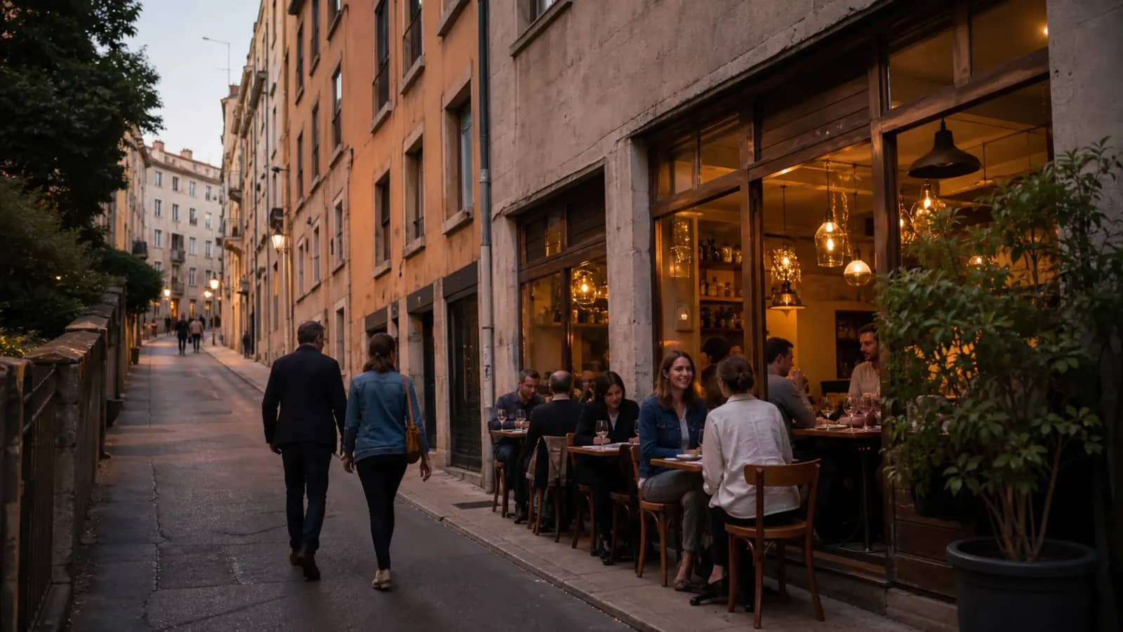 Terrasse d’un bistrot dans une rue en pente de la Croix-Rousse à Lyon à l’heure bleue