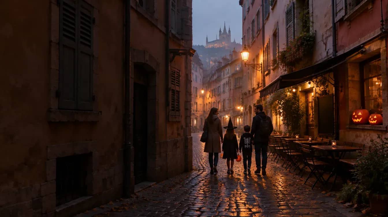 Famille déguisée pour Halloween dans une ruelle pavée du Vieux Lyon à la tombée de la nuit, citrouilles éclairées sur la vitrine d’un bistrot