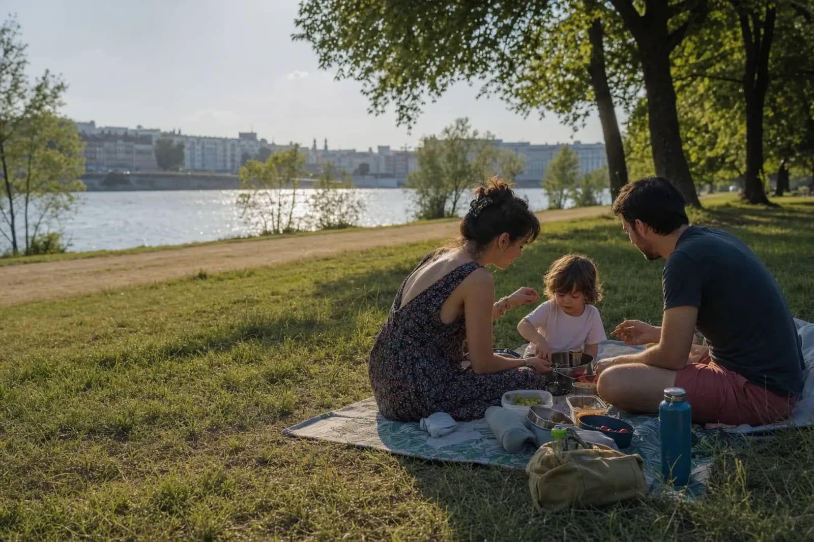 Pique-nique familial au bord du Rhône à Lyon avant un spectacle