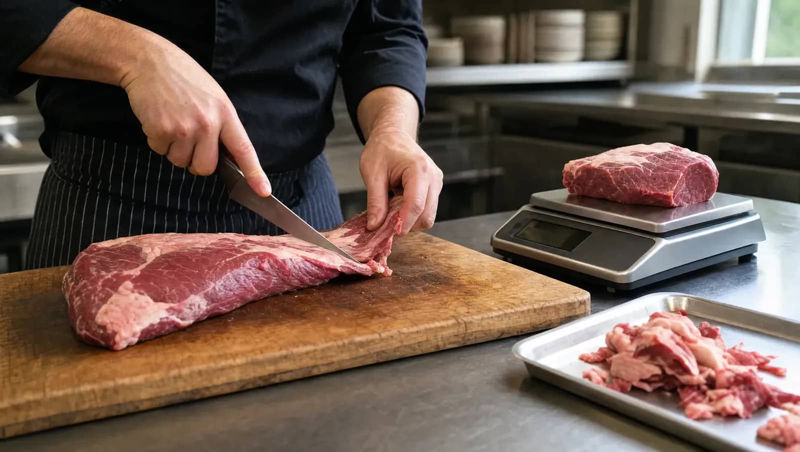 Cuisinier parant une pièce de bœuf sur une planche, chutes de parage et portion pesée sur une balance de cuisine
