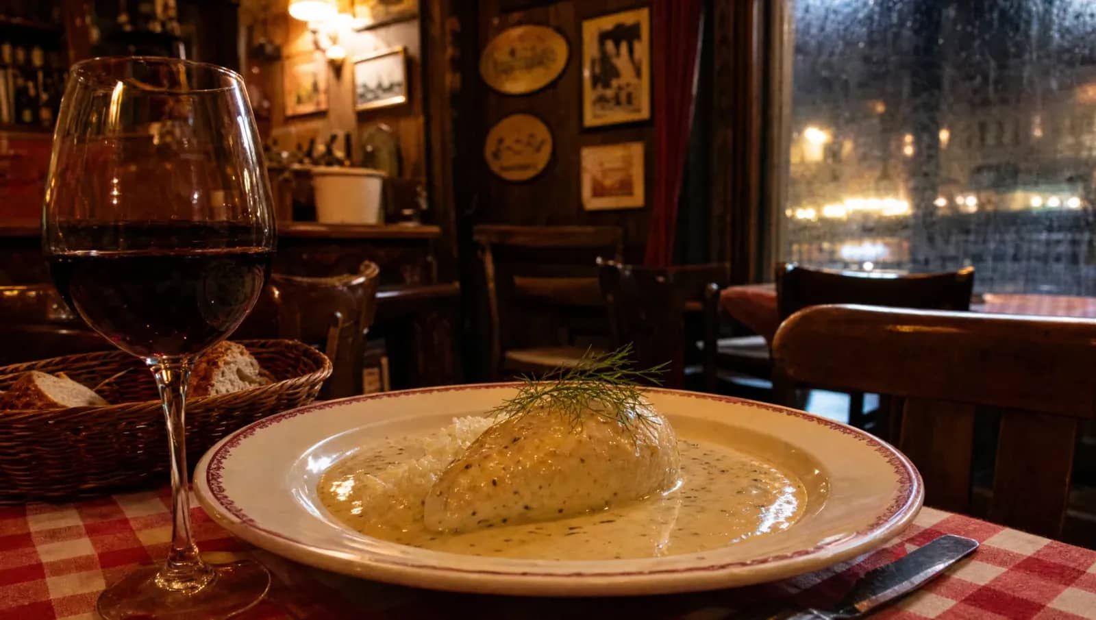 Quenelle de brochet sauce crémeuse servie sur nappe vichy dans un bouchon lyonnais en hiver