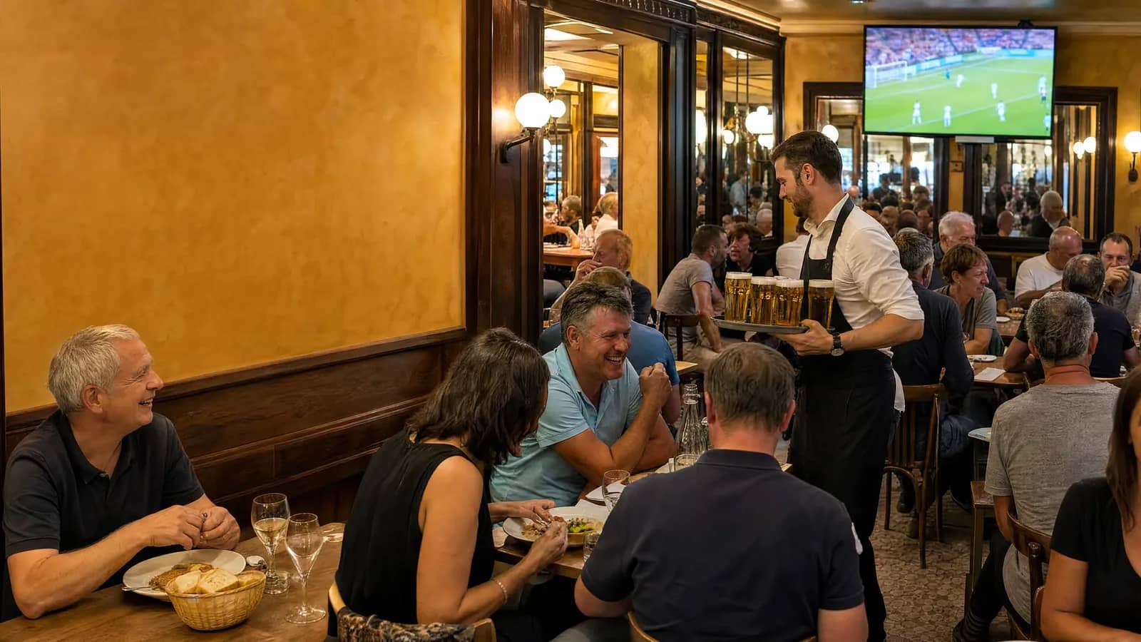 Salle d'une brasserie lyonnaise comble un soir de match de la Coupe du Monde, un serveur apporte un plateau de bières entre les tables.
