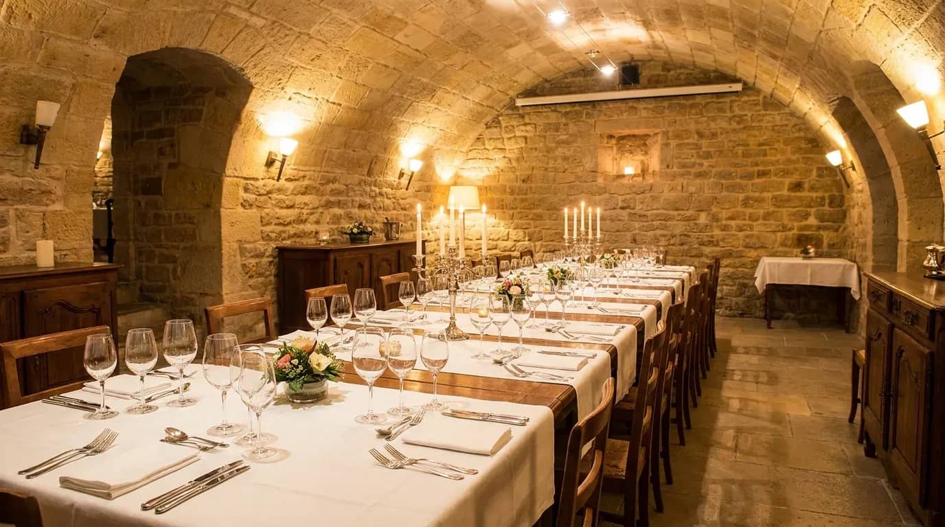 Salle privée voûtée en pierres dorées dressée pour un repas de groupe à Lyon