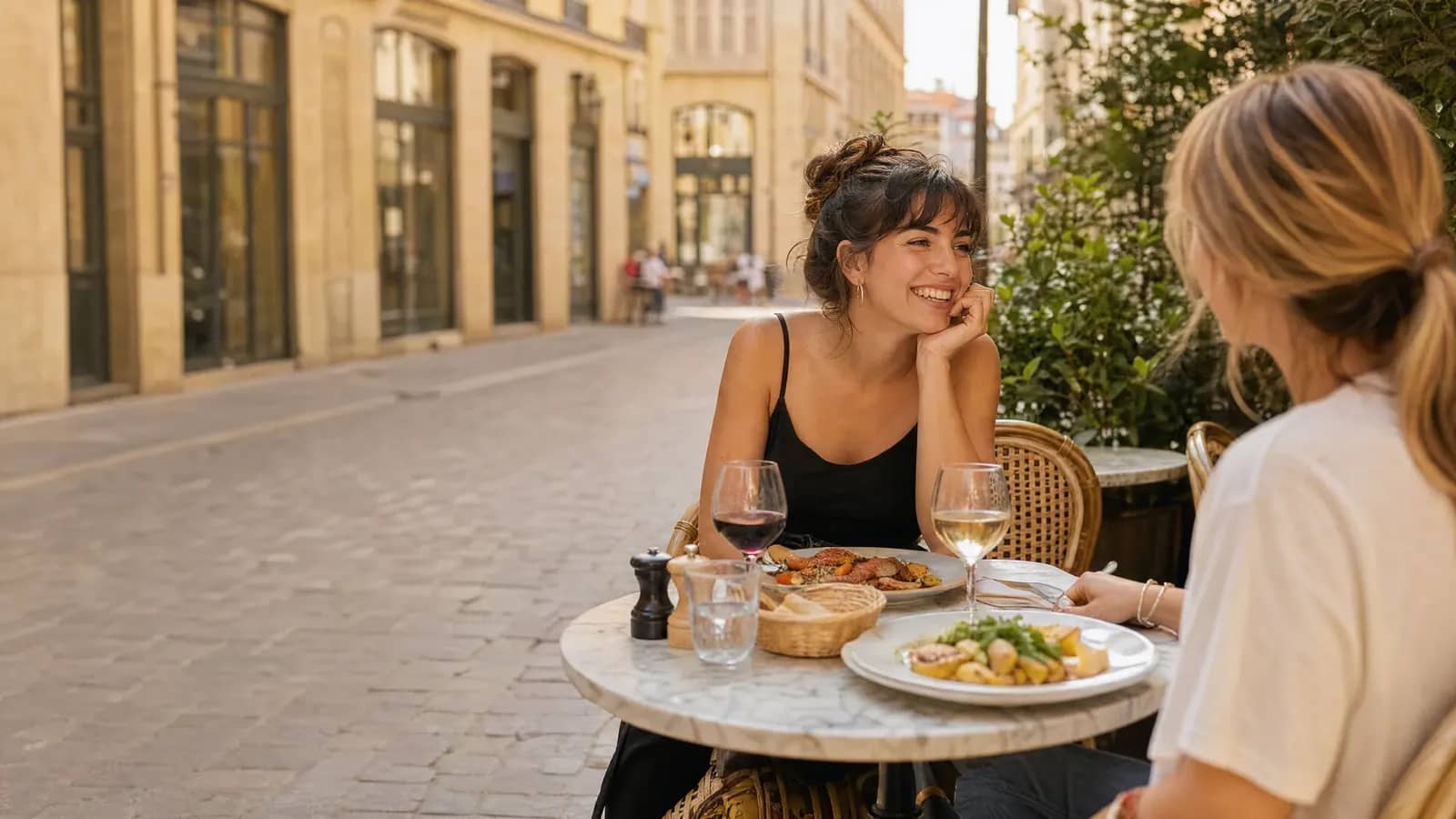 Deux amies partagent un repas en terrasse d un bistrot lyonnais, deux assiettes et deux verres de vin sur une table en marbre.