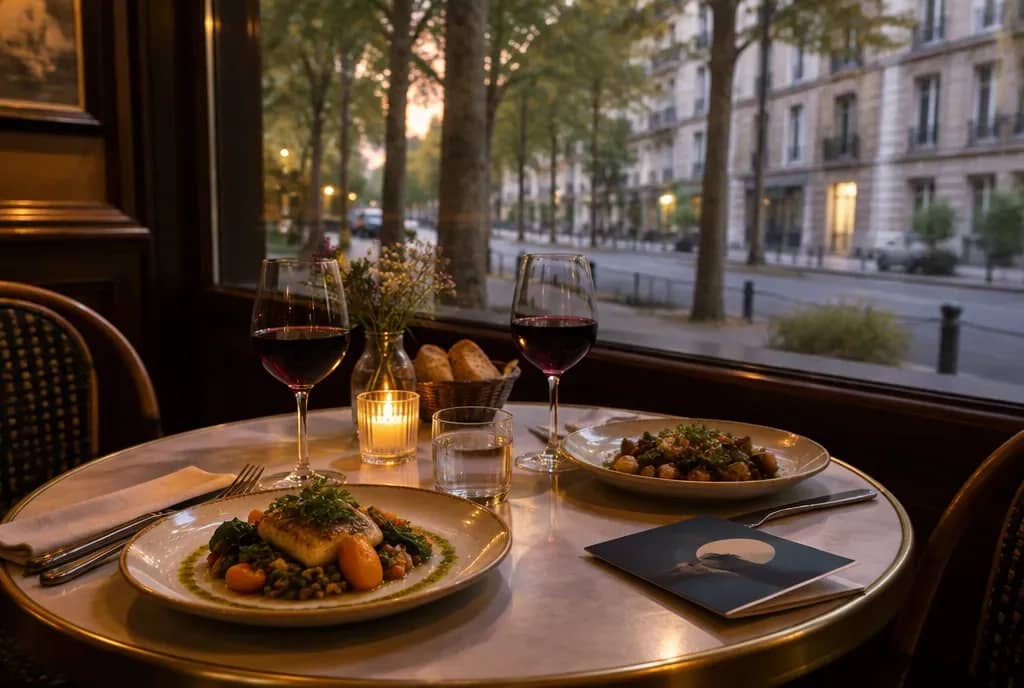 Dîner pour deux près d'une fenêtre à Monplaisir avant une séance de cinéma