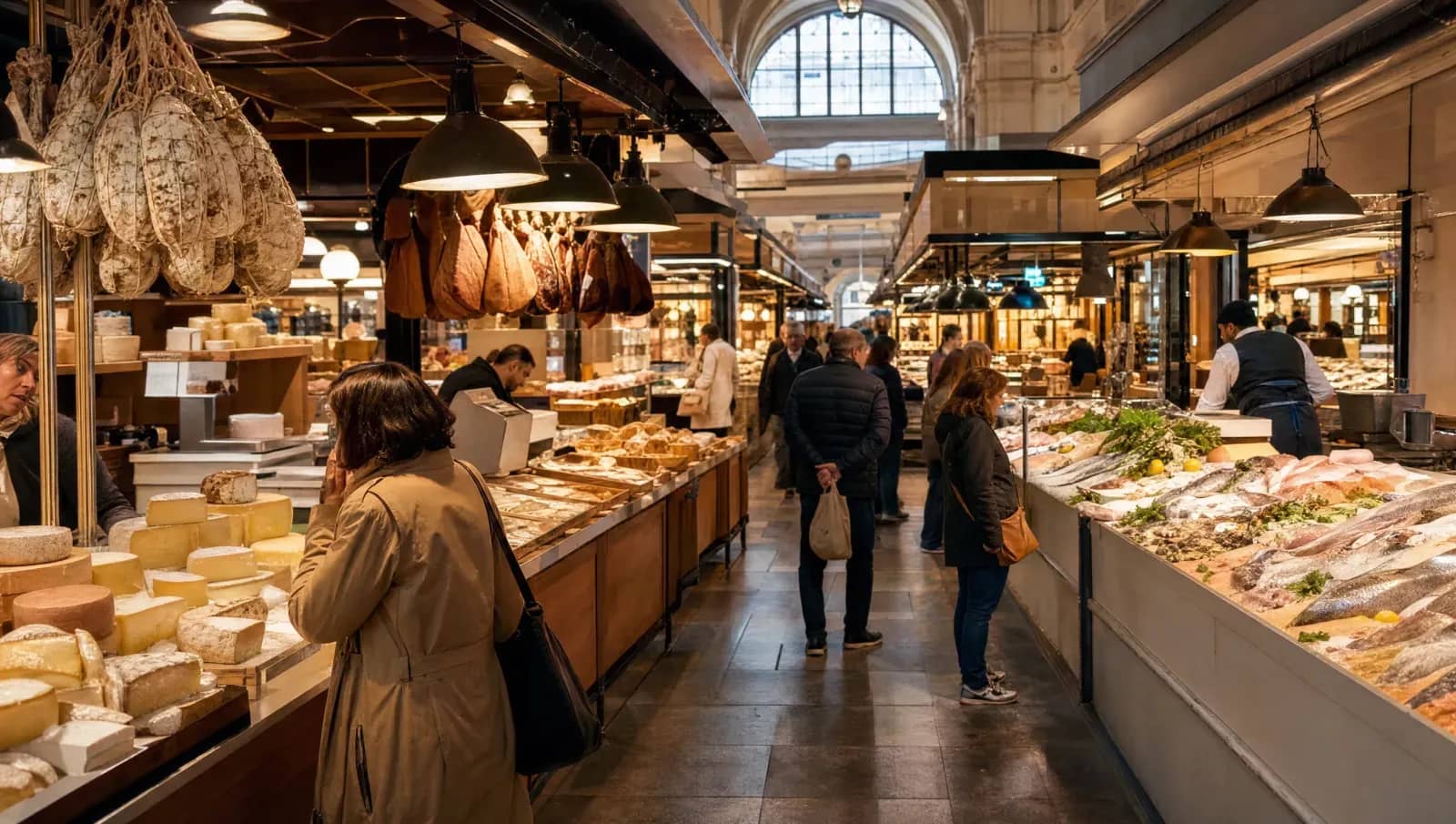 Étals de fromages, charcuterie et poissonnerie dans une halle gourmande couverte à Lyon