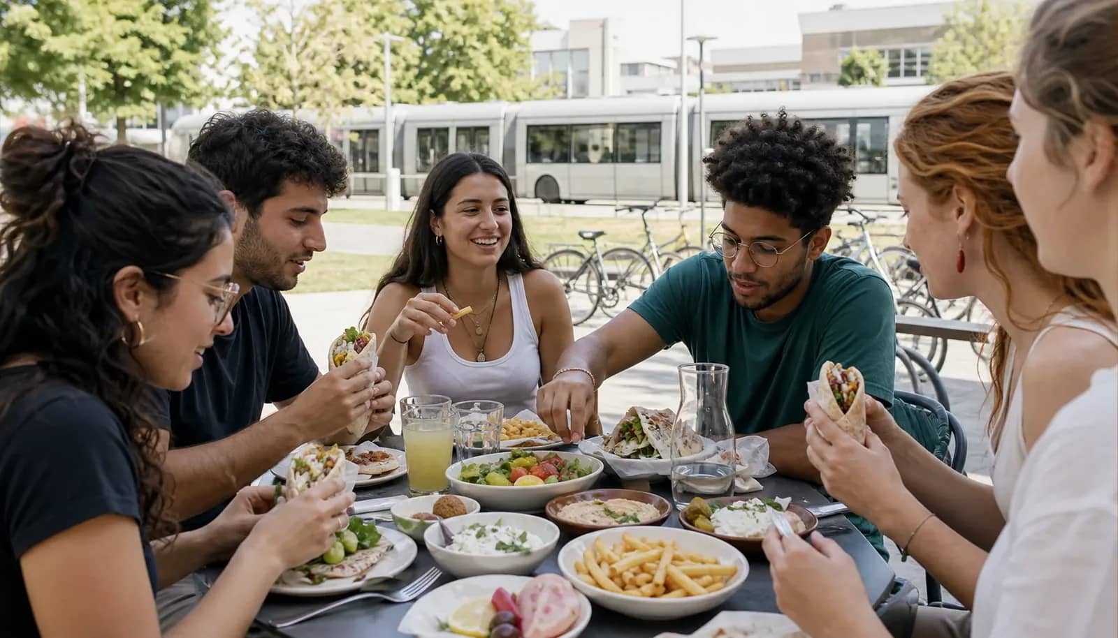 Étudiants partageant un déjeuner méditerranéen près du campus de la Doua à Villeurbanne