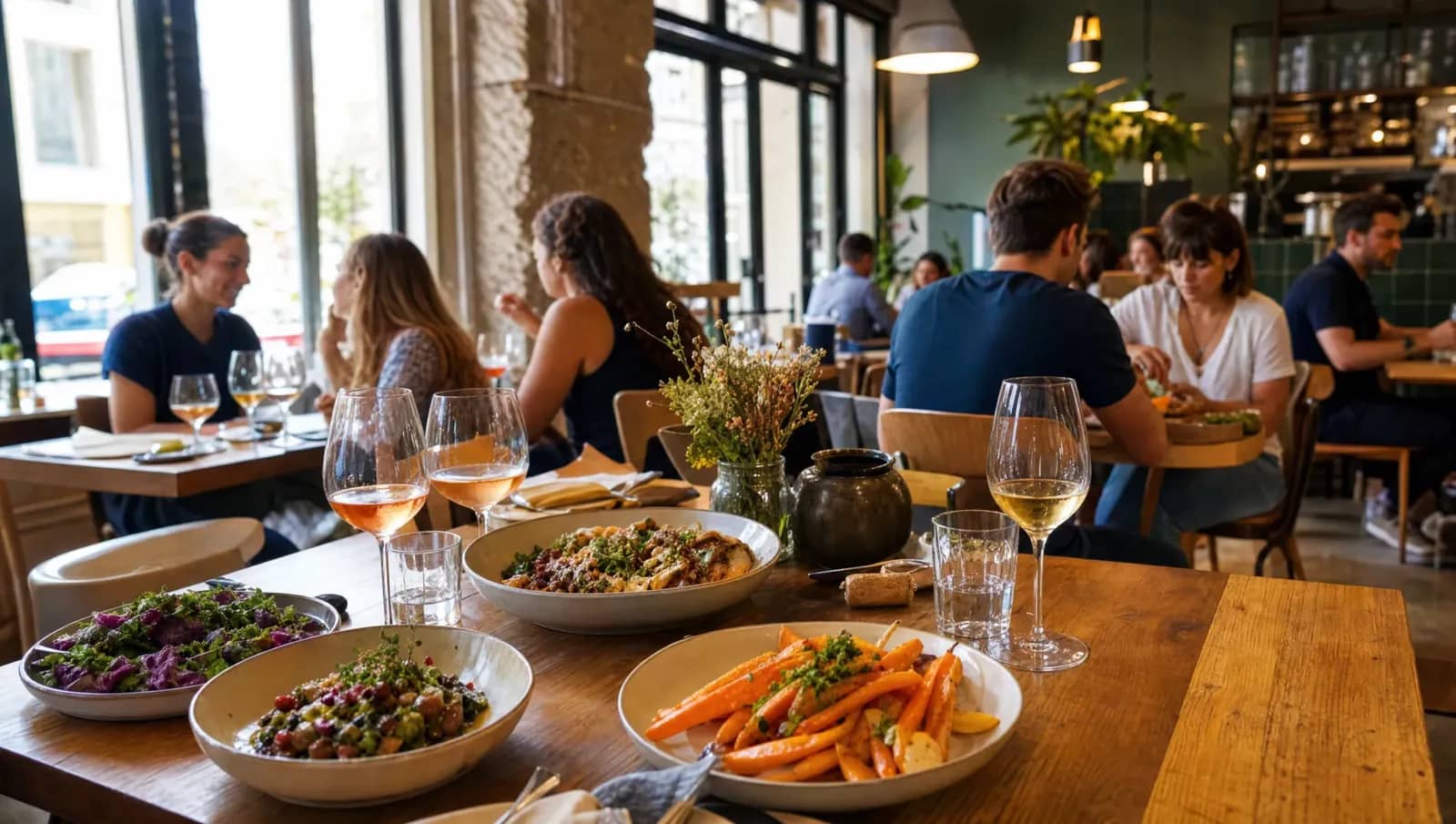 Table d'un néo-bistrot lumineux à Lyon avec assiettes à partager et verres de vin nature