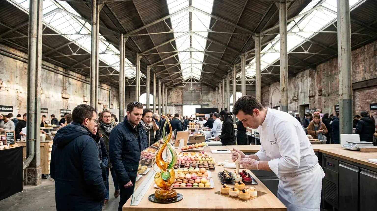 Un chef pâtissier dresse desserts et pièce en sucre au Sugar Lab, sous la charpente métallique à sheds des Grandes Locos.