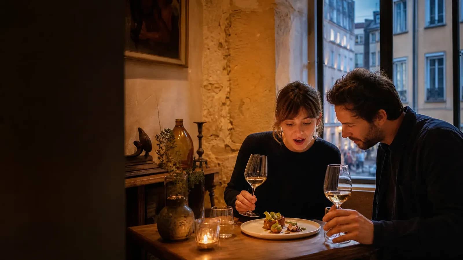 Deux personnes découvrent une assiette dans une salle intimiste du Vieux Lyon