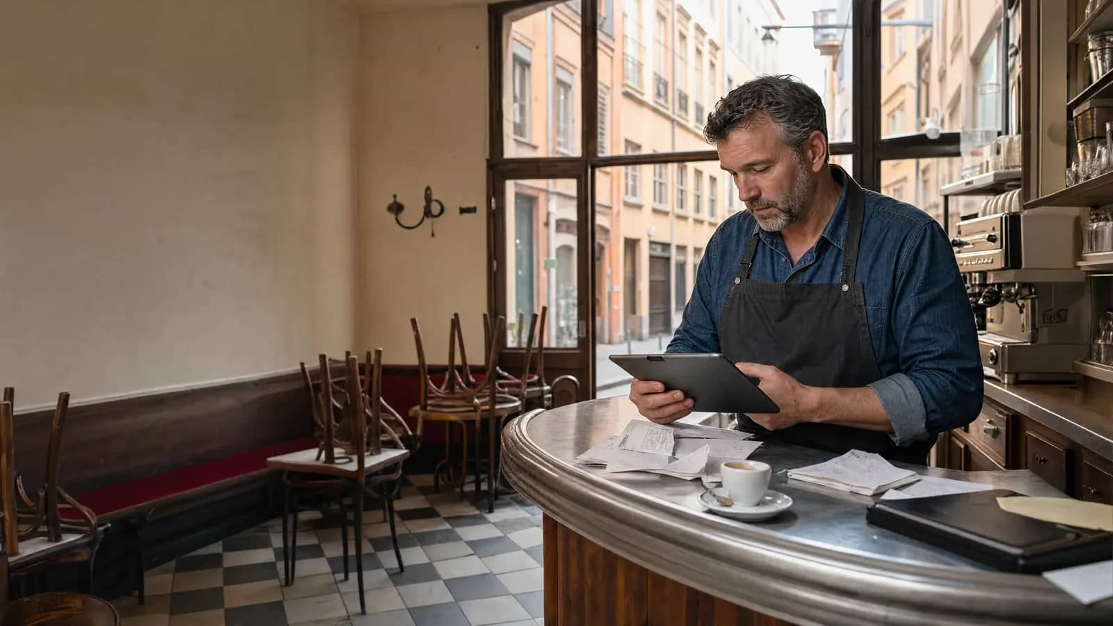 Restaurateur lyonnais consultant ses factures sur tablette au comptoir de son bistrot, rue de la Presqu'île en arrière-plan