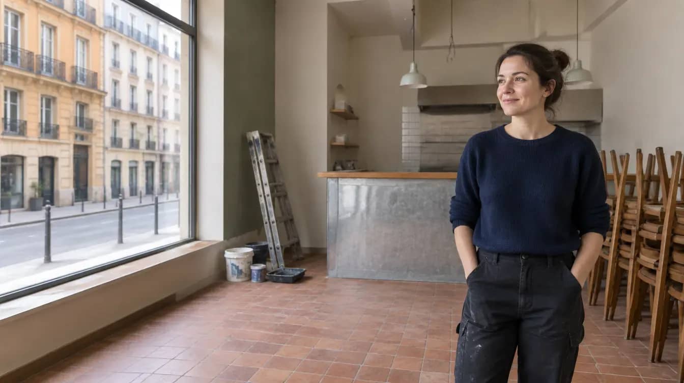Restauratrice debout dans son futur restaurant en travaux, vitrine ouverte sur une rue de la Presqu'île de Lyon