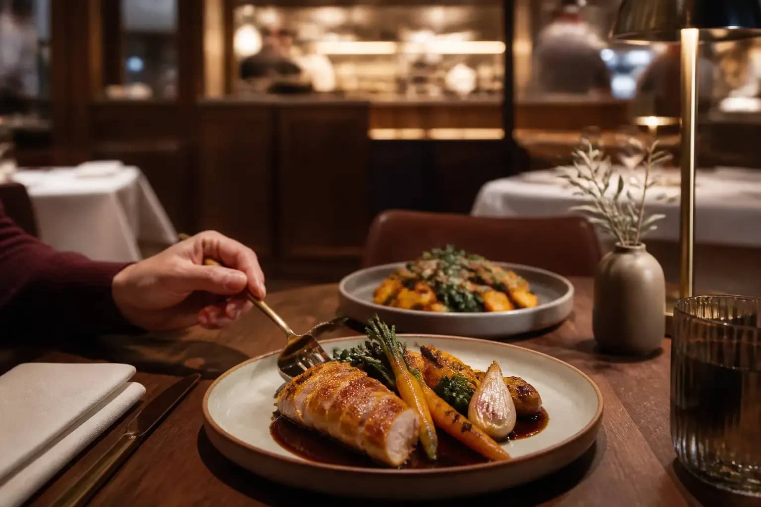 Assiette gastronomique de volaille et légumes de saison dans un restaurant lyonnais