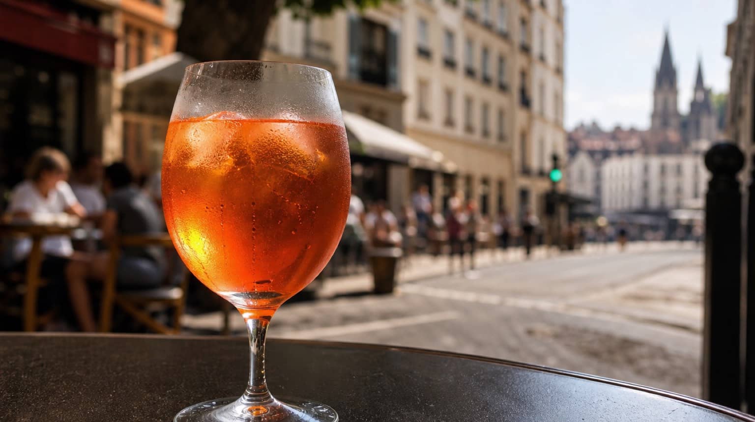 Spritz glacé sur une terrasse ombragée à Lyon en été