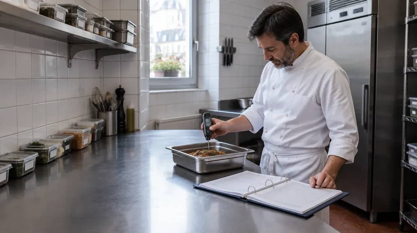 Chef d'un bistrot lyonnais contrôlant la température d'un plat à la sonde, classeur de relevés d'hygiène ouvert sur le plan de travail
