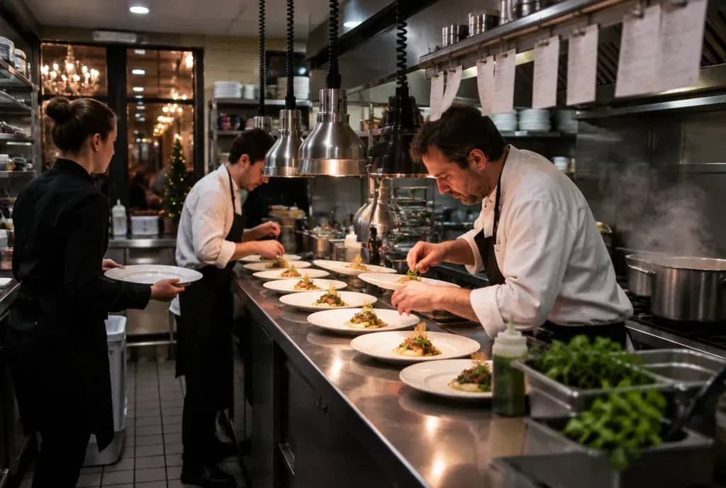 En cuisine pendant un service de décembre, un chef et un cuisinier en extra dressent des entrées en série pendant qu'une serveuse attend les assiettes