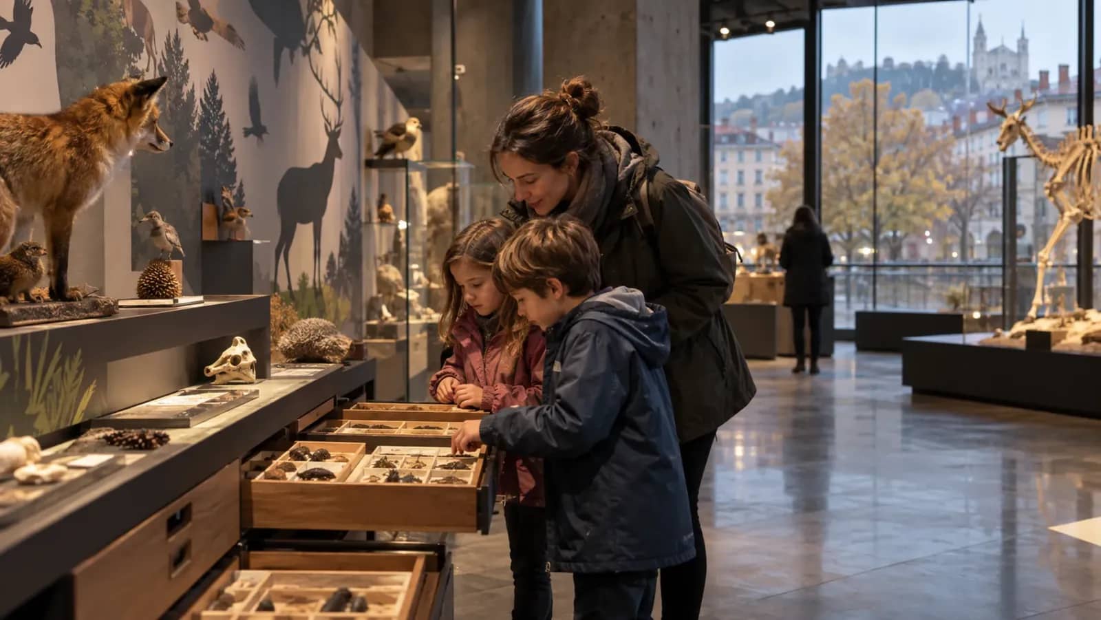 Une famille explore une exposition sur la biodiversité dans un musée lyonnais