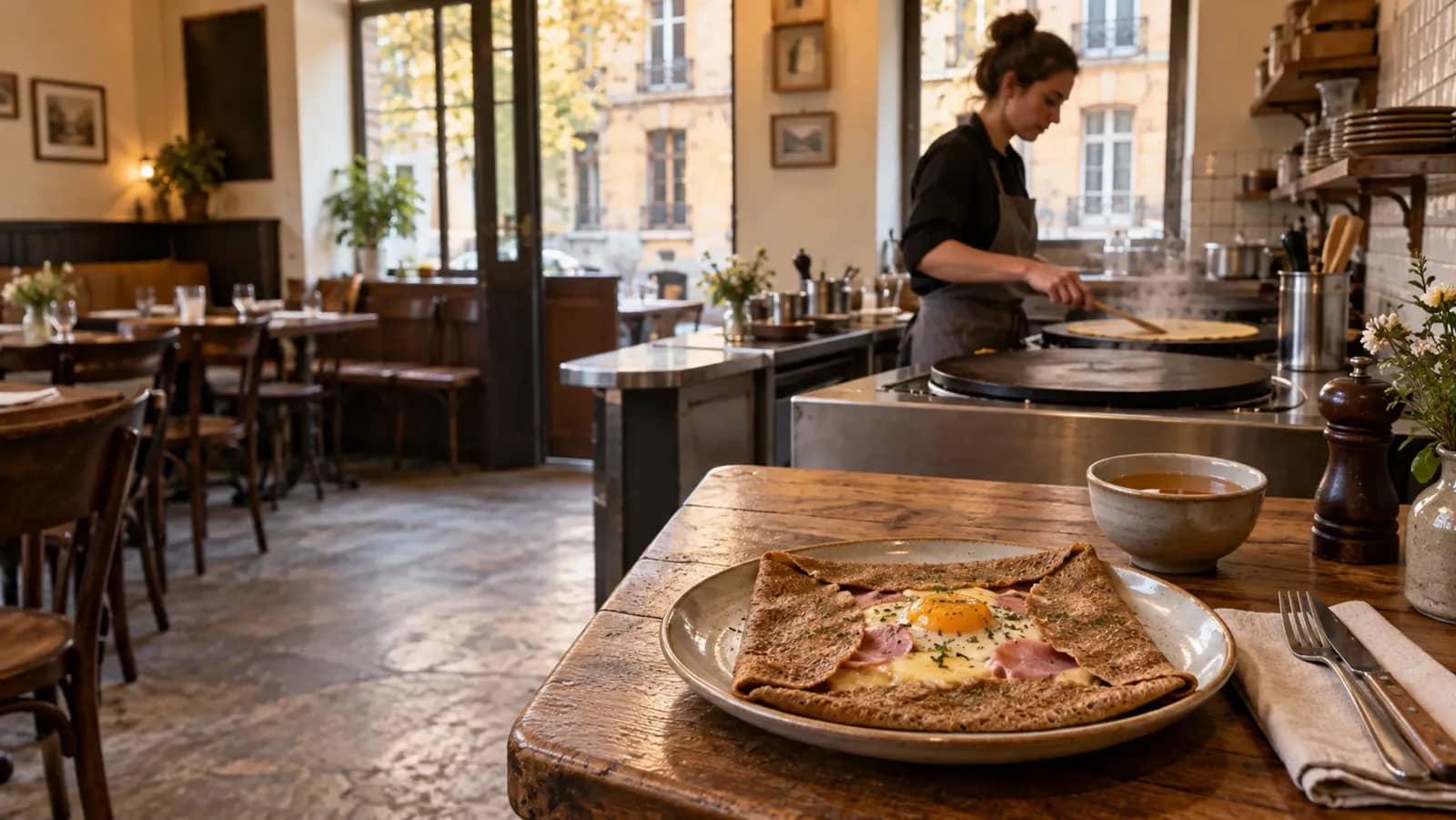 Galette complète dans une crêperie lyonnaise avec une crêpière au billig