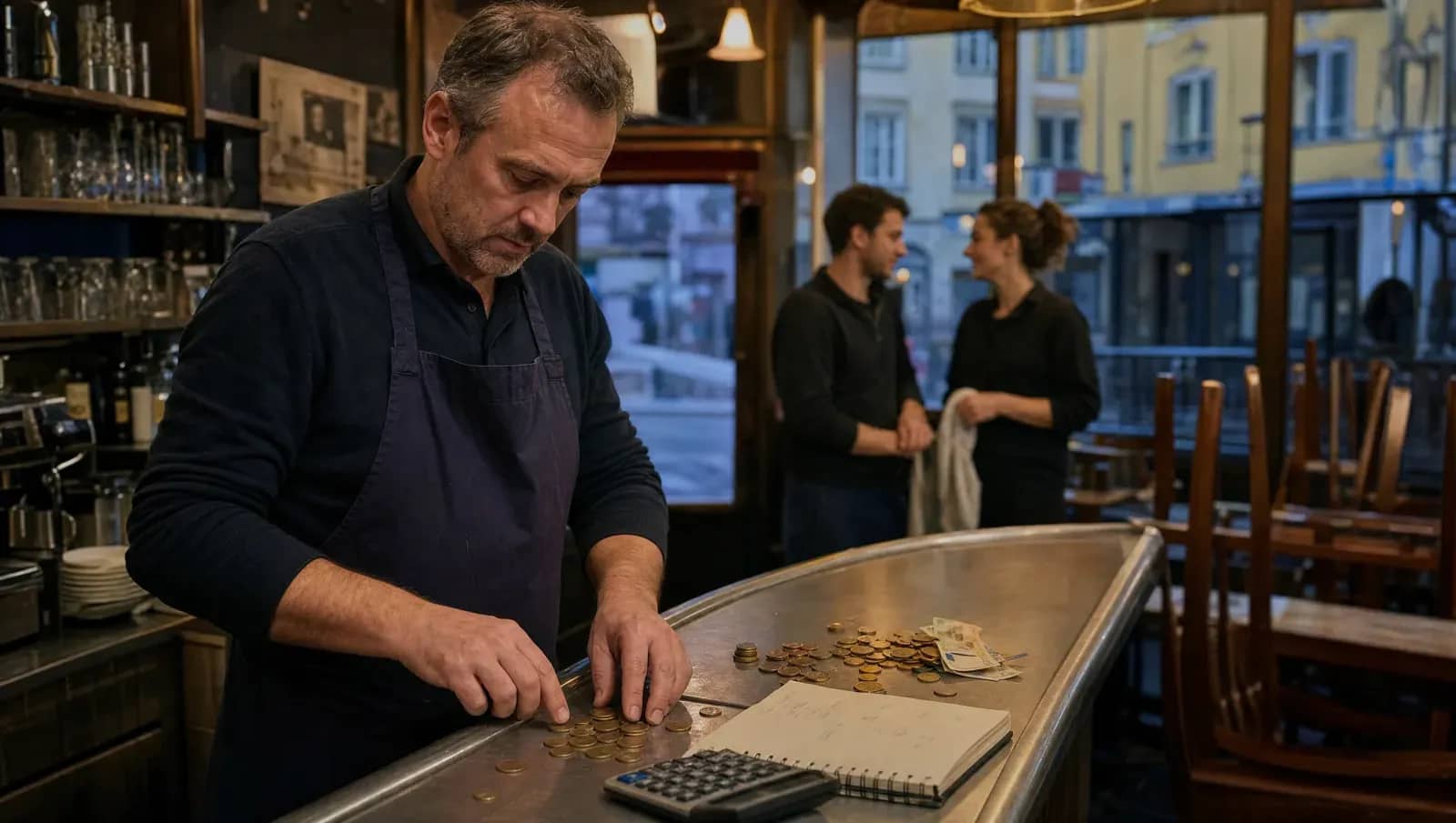 Restaurateur lyonnais repartissant les pourboires en pieces et billets au comptoir, carnet et calculatrice, equipe en fond