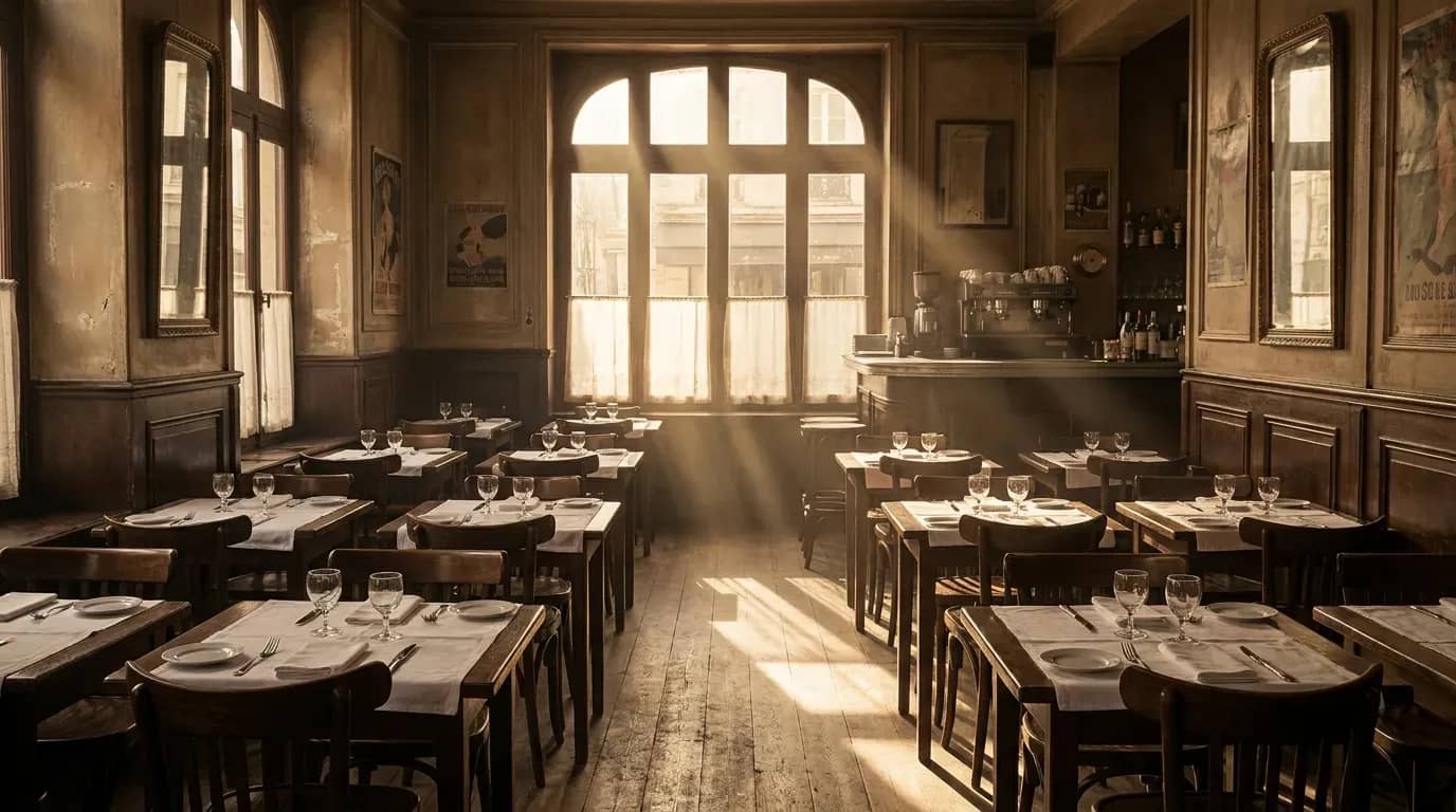 Salle de restaurant vide en après-midi, tables dressées mais inoccupées en off-peak
