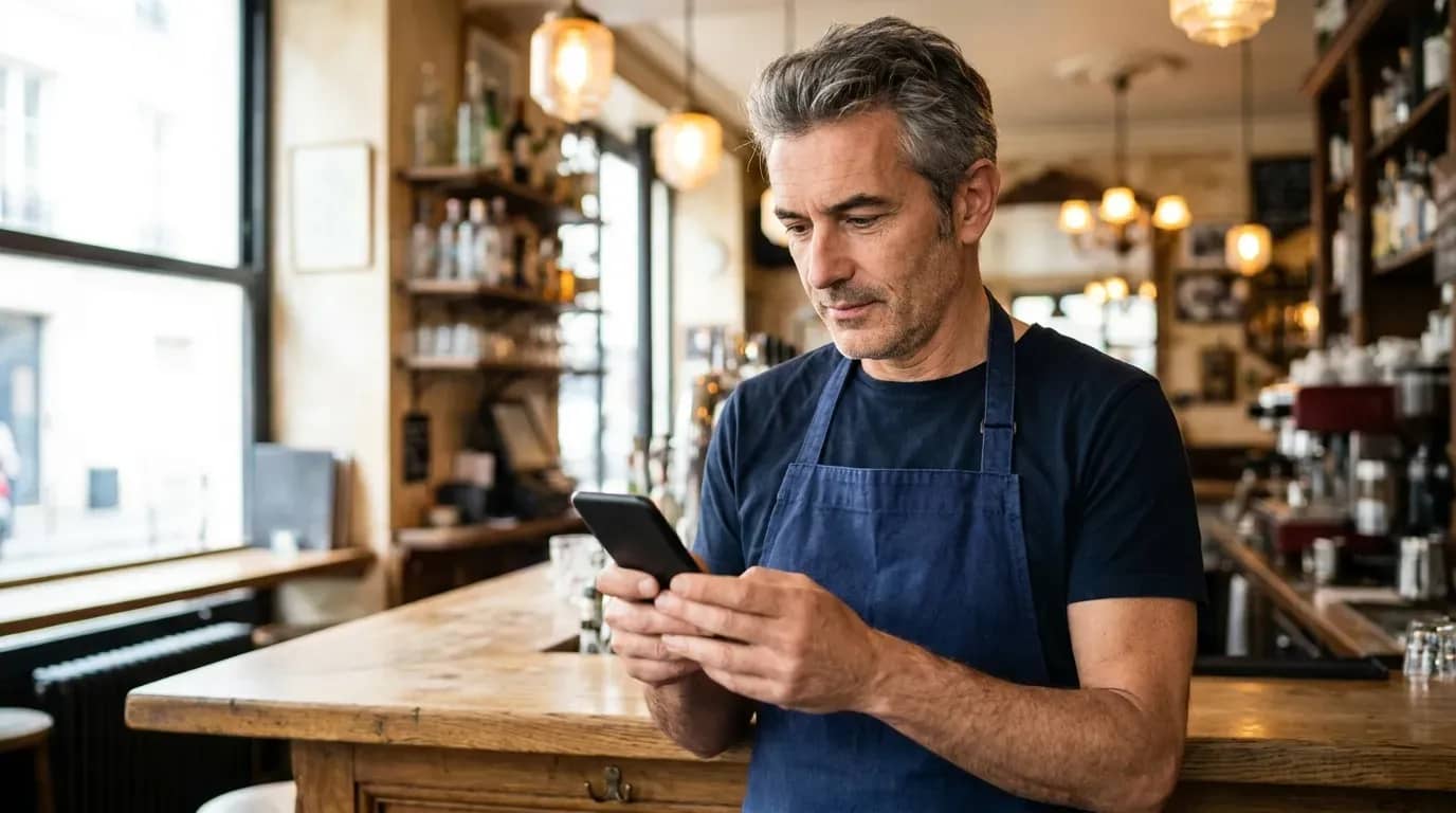 Restaurateur en tablier consultant son smartphone derrière le comptoir de son restaurant