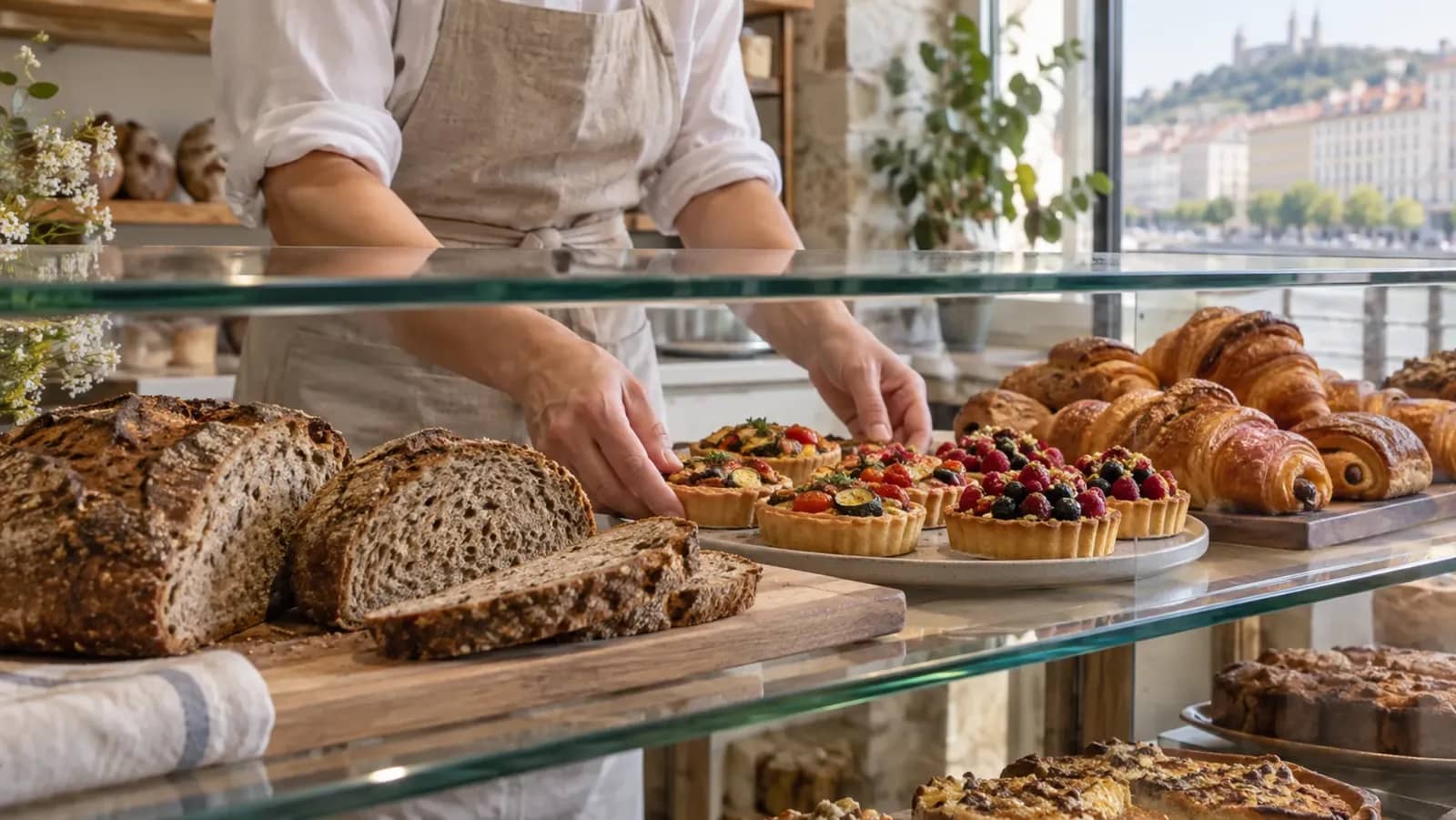 Pains et pâtisseries sans gluten présentés dans une boulangerie lyonnaise