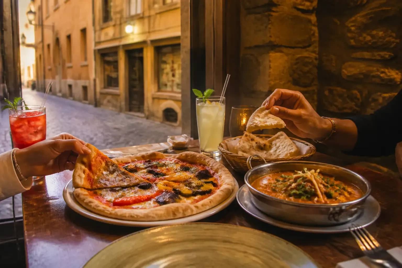 Pizza, curry et boissons sans alcool servis à une table dans le Vieux Lyon