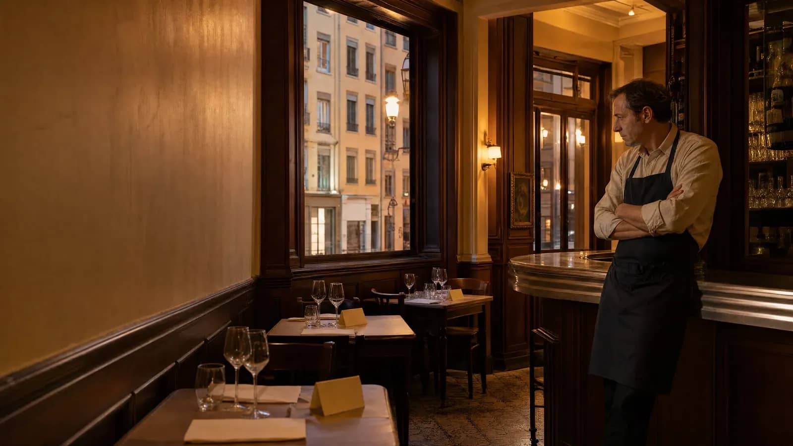 Salle d'un bistrot lyonnais le soir, tables dressées et réservées restées vides, le restaurateur observe les places inoccupées