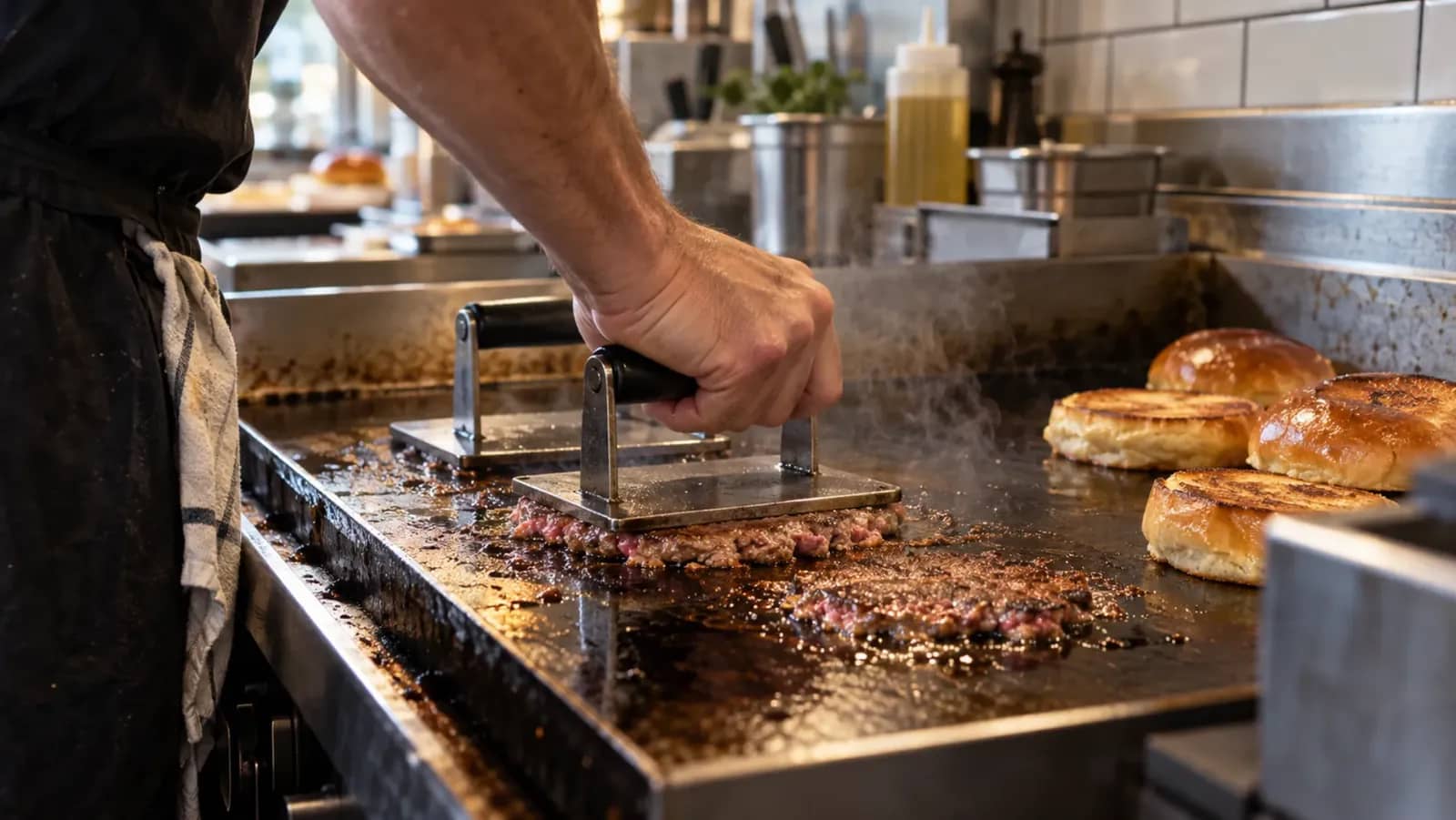Cuisson de steaks smashés sur une plancha dans une cuisine de restaurant