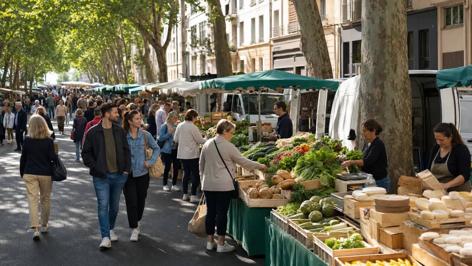 Marché alimentaire du boulevard de la Croix-Rousse un dimanche matin