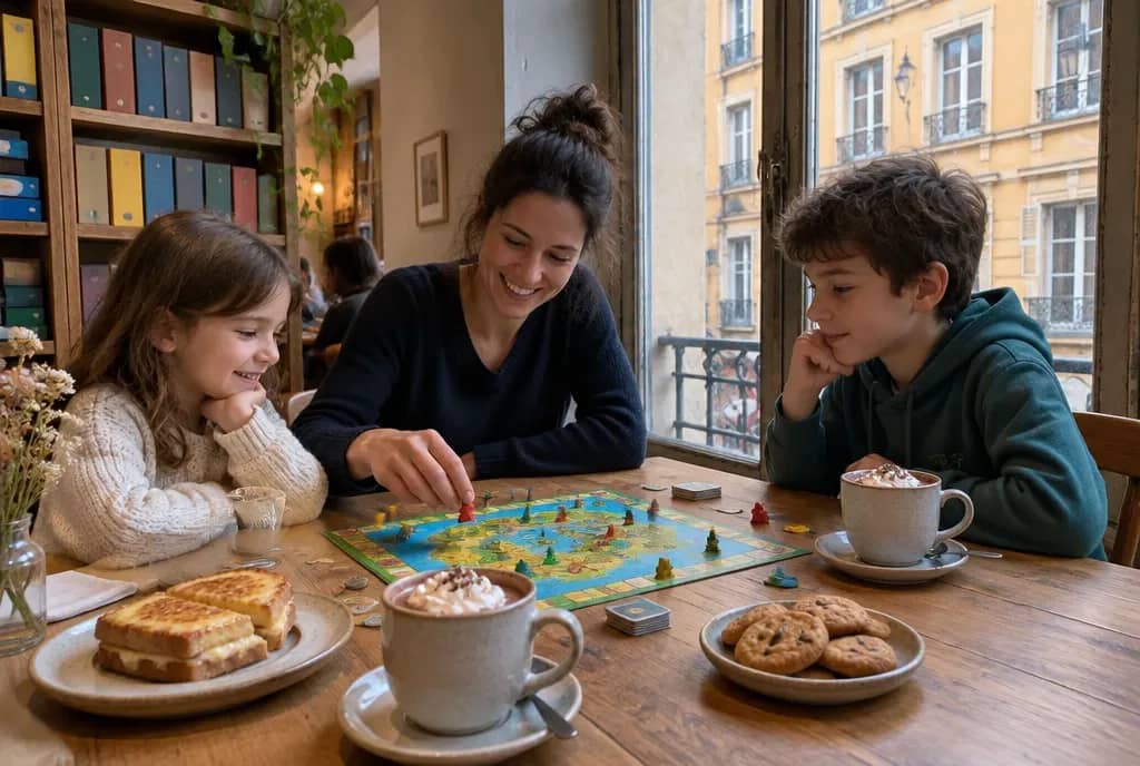 Parent et enfants jouant à un jeu de société avec chocolat chaud, croque-monsieur et cookies, visuel d'illustration