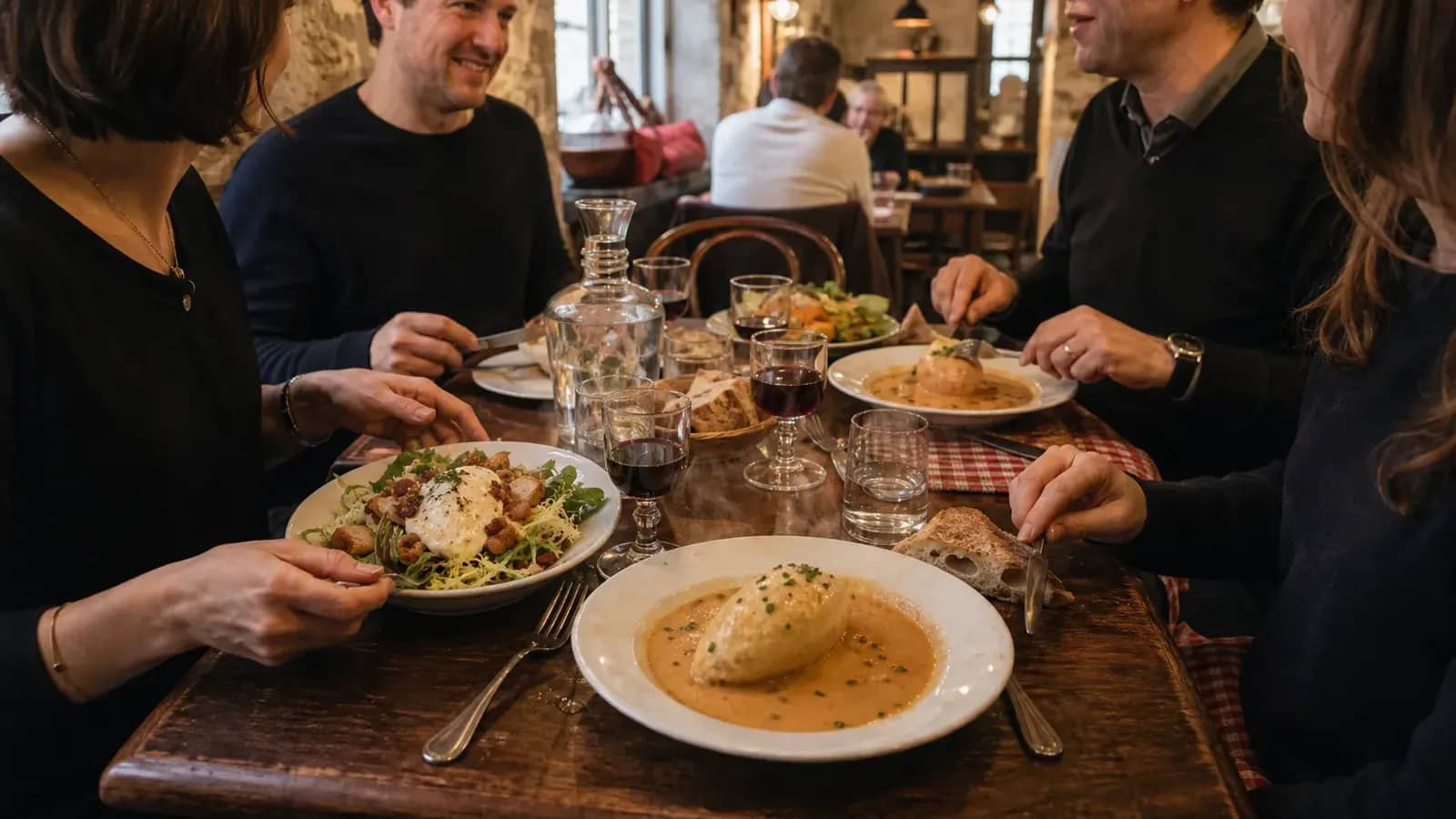 Amis partageant une quenelle et une salade lyonnaise dans un bouchon