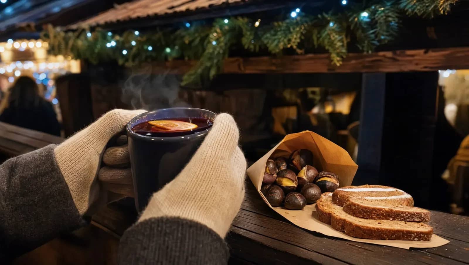 Vin chaud et cornet de marrons grillés au comptoir d'un chalet du marché de Noël de Lyon