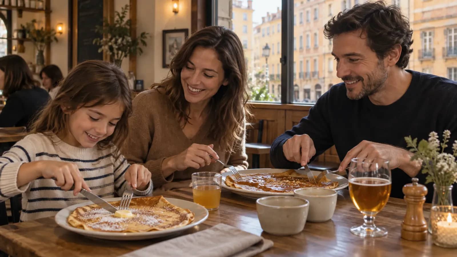 Famille partageant des crêpes sucrées dans une crêperie à Lyon