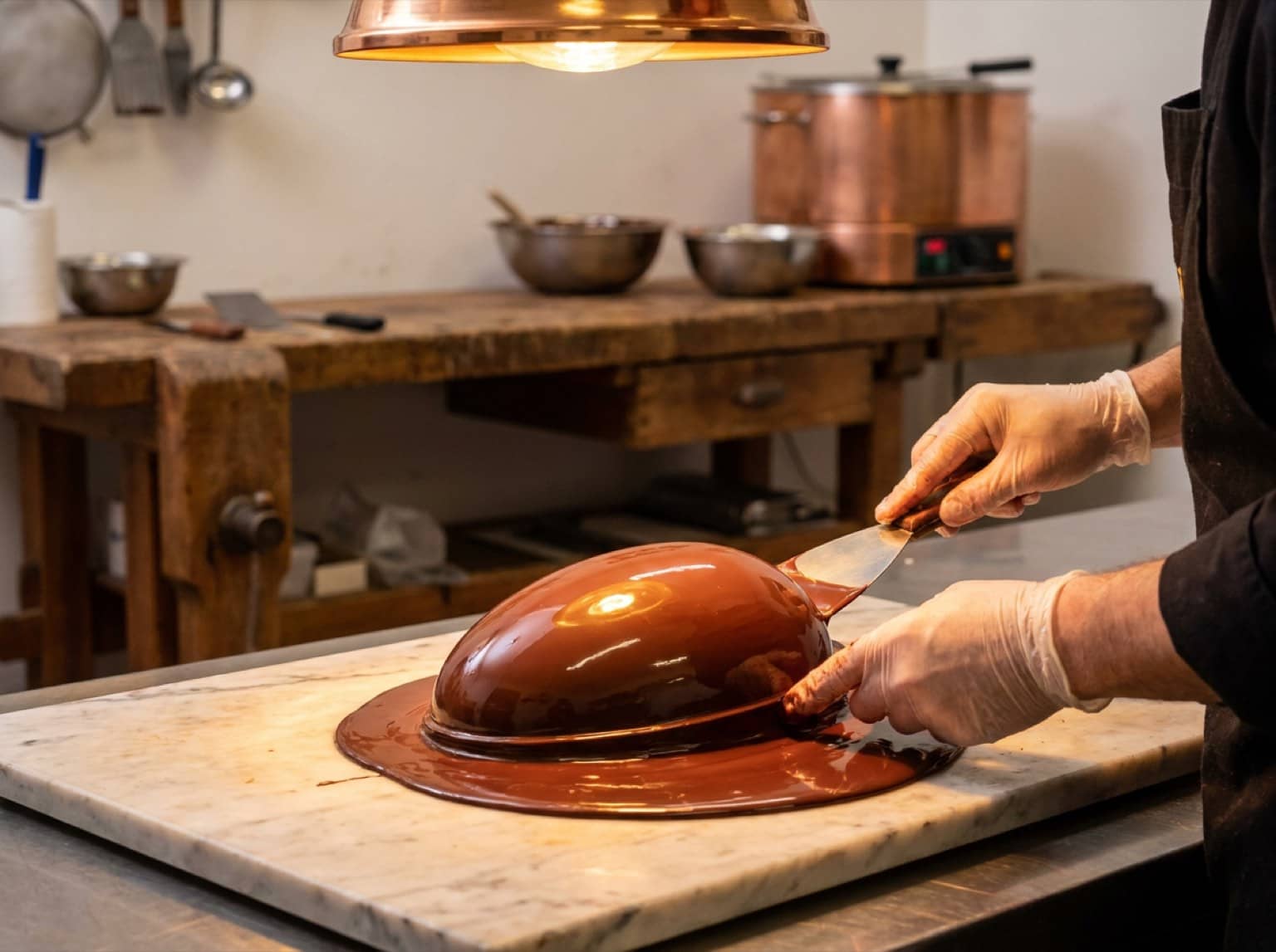 Mains d'un chocolatier façonnant un œuf de Pâques en chocolat
