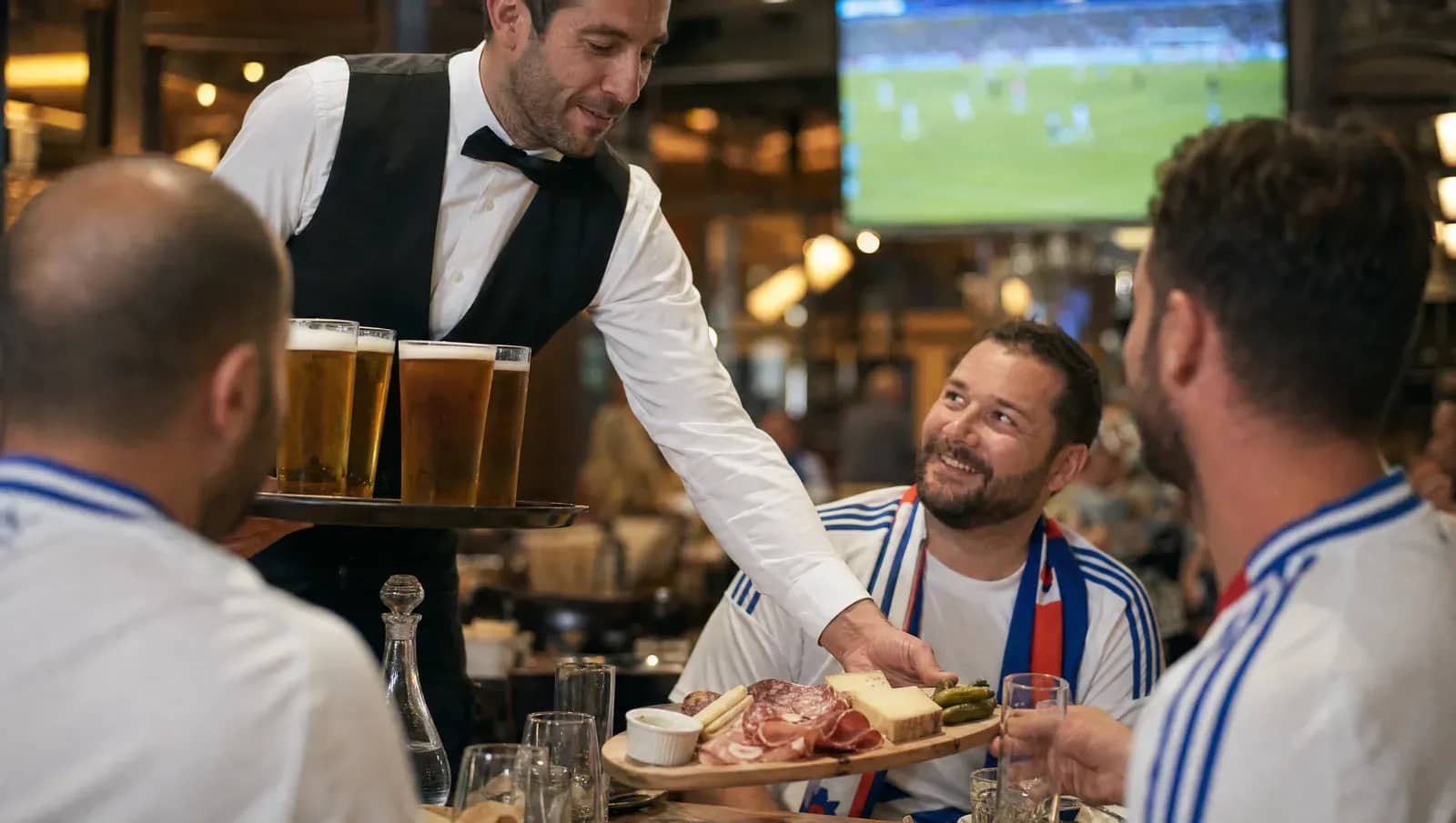 Serveur d'une brasserie lyonnaise apportant un plateau de bières et une planche de charcuterie à une tablée de supporters des Bleus.