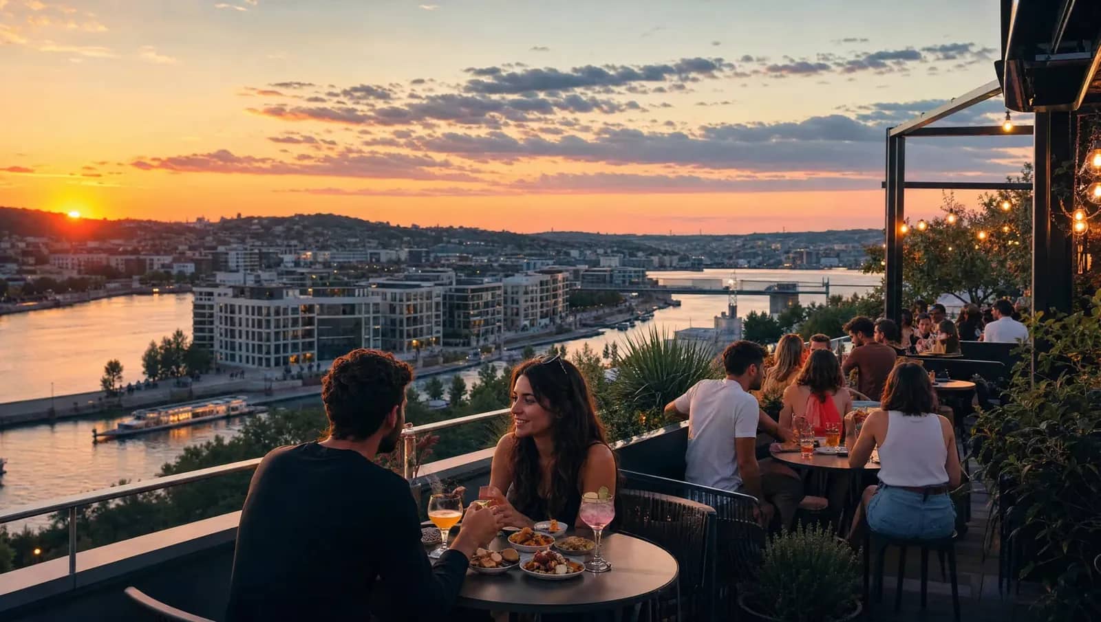 Rooftop à Confluence à Lyon au coucher du soleil, cocktails et tapas face au Rhône