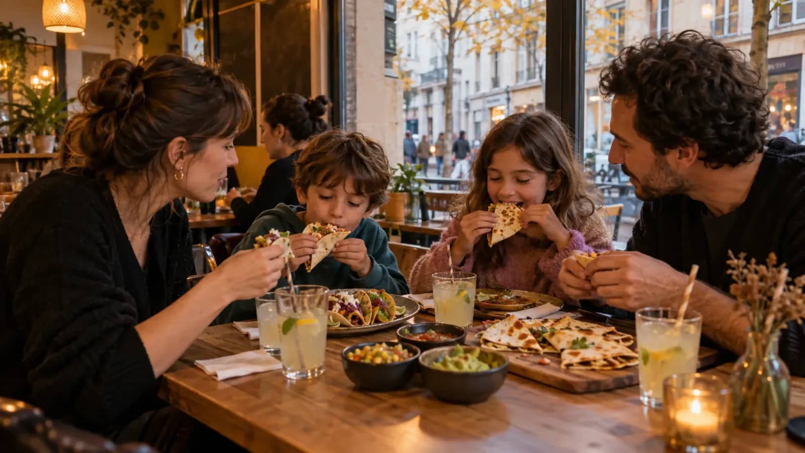 Parents et enfants partagent tacos et quesadillas dans un restaurant de la Croix-Rousse