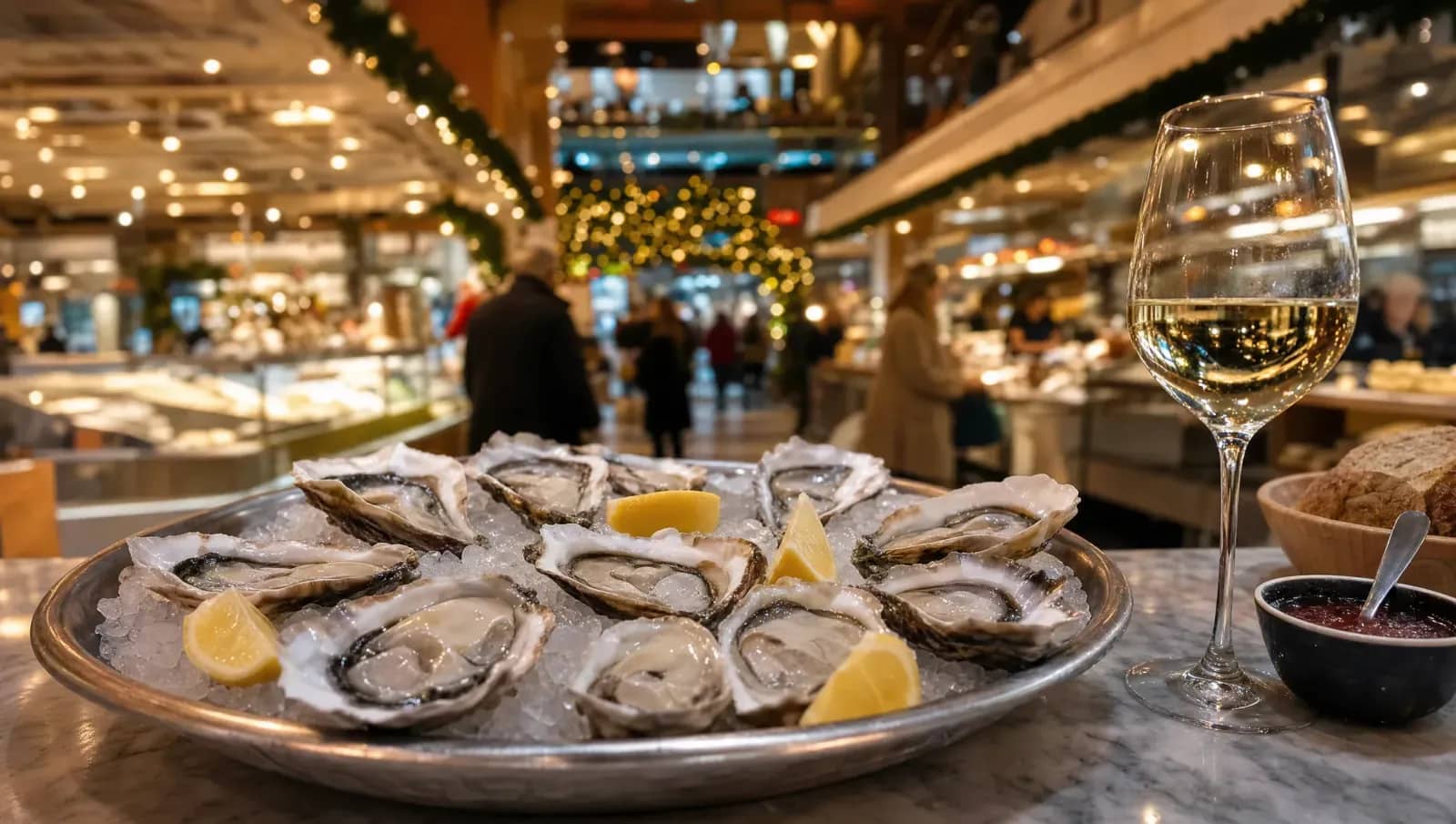 Plateau d'huîtres et verre de blanc au comptoir d'une halle gourmande à Lyon pendant les fêtes