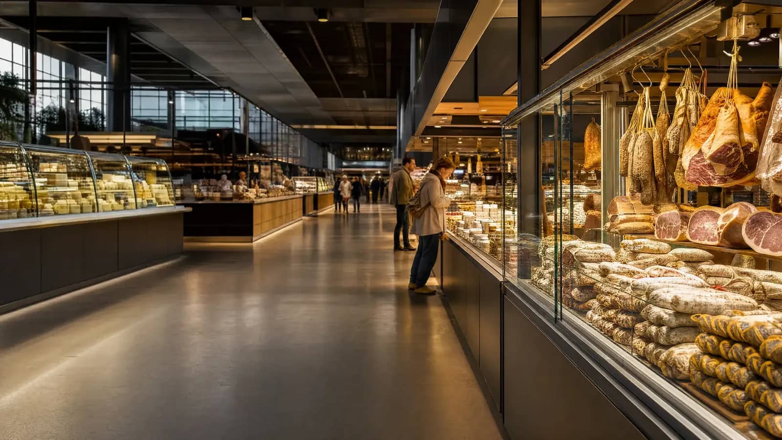 Allée intérieure des Halles de Lyon Paul Bocuse avec ses comptoirs de fromages et de charcuteries