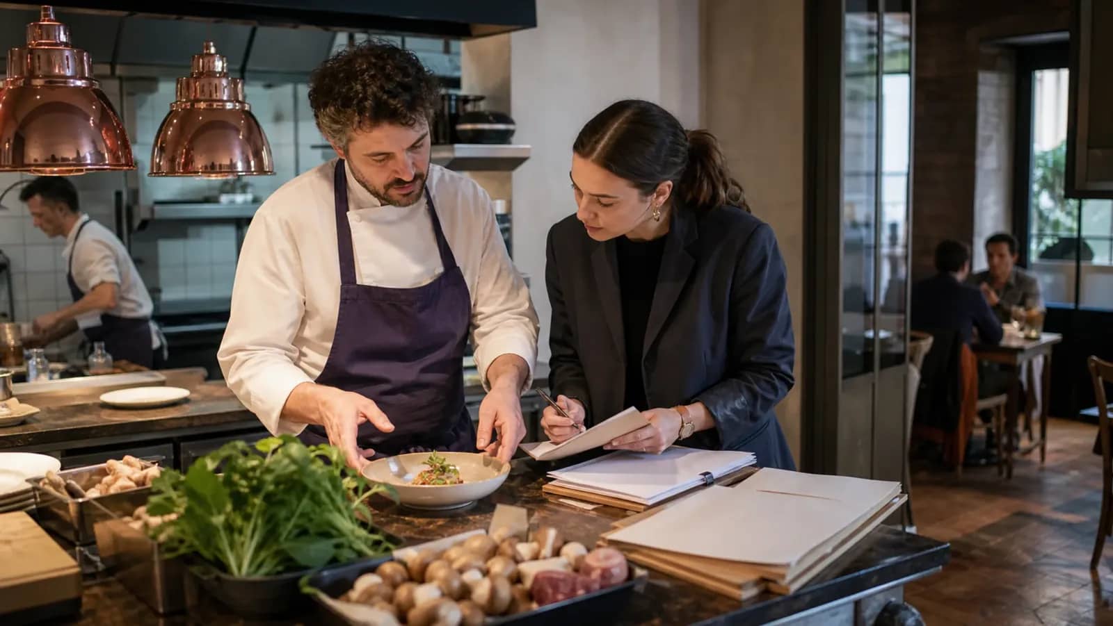 Équipe de restaurant vérifiant la composition d'un plat fait maison