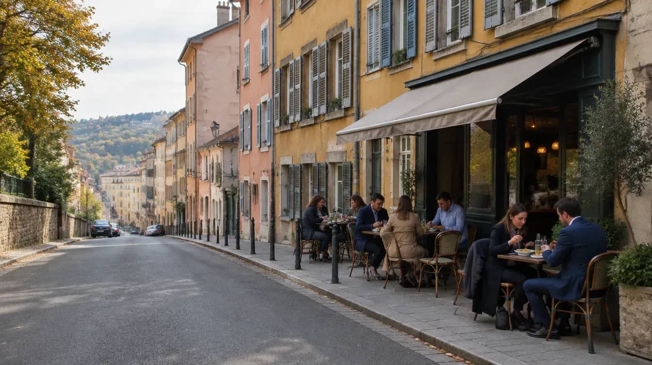 Terrasse d'un bistrot de quartier à l'heure du déjeuner dans une rue de Vaise, Lyon 9e, au pied des collines