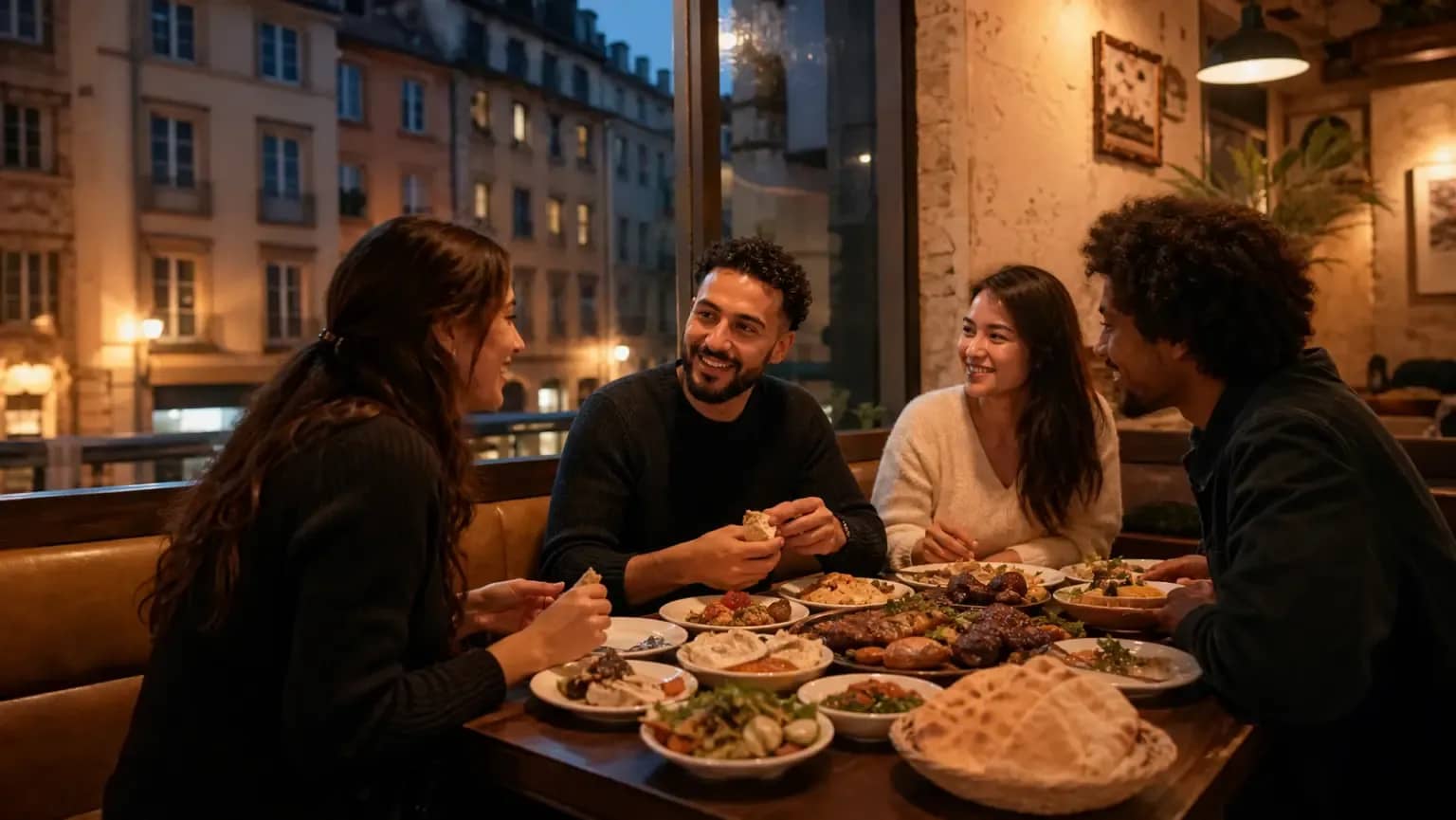 Quatre amis partagent des grillades et des mezzés dans un restaurant chaleureux à Lyon