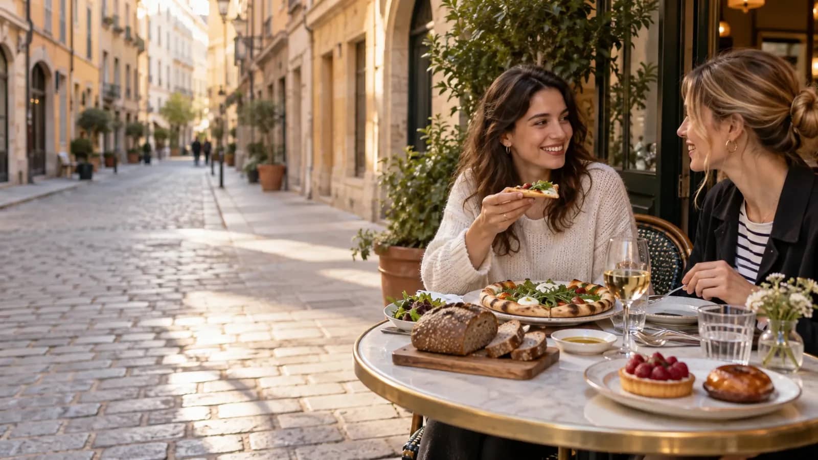 Table lyonnaise avec pizza, pain et pâtisseries sans gluten en terrasse