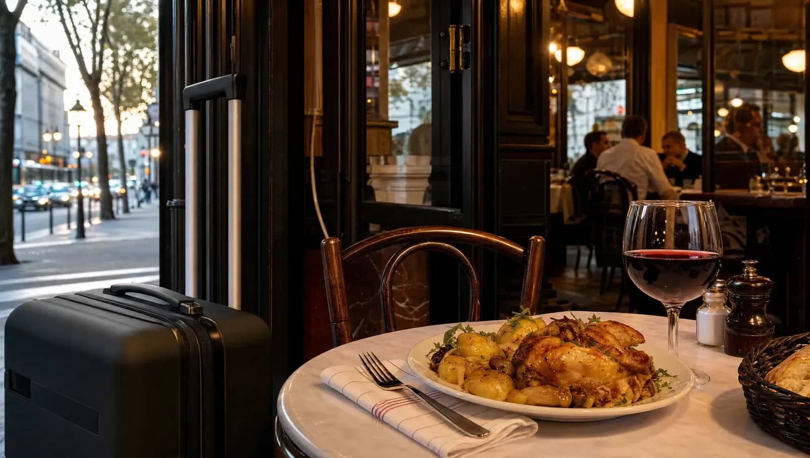 Table de brasserie avec valise cabine, plat du jour et verre de vin près de la gare de Lyon Part-Dieu