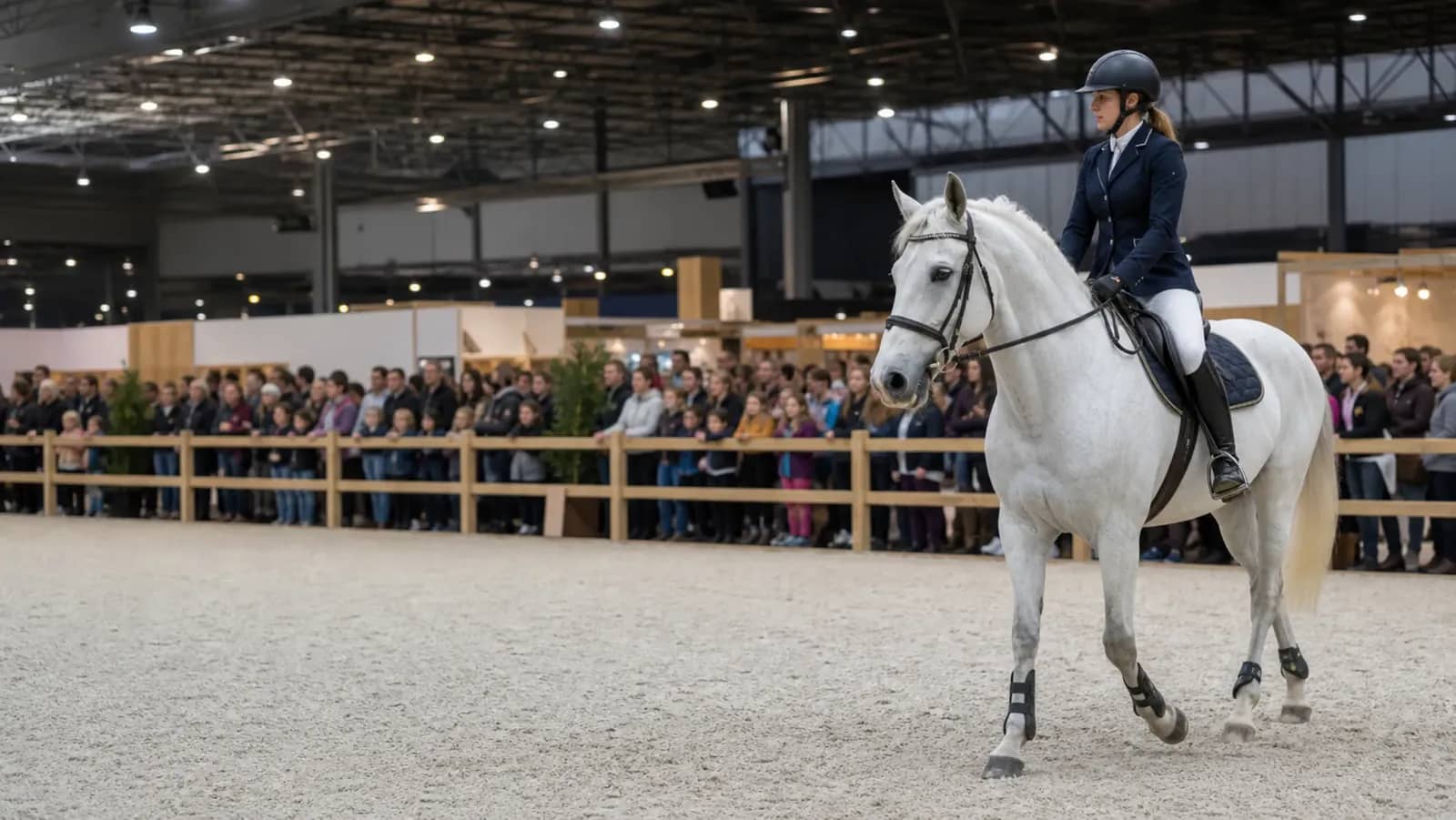 Cavalière et cheval dans une carrière intérieure pendant un salon équestre
