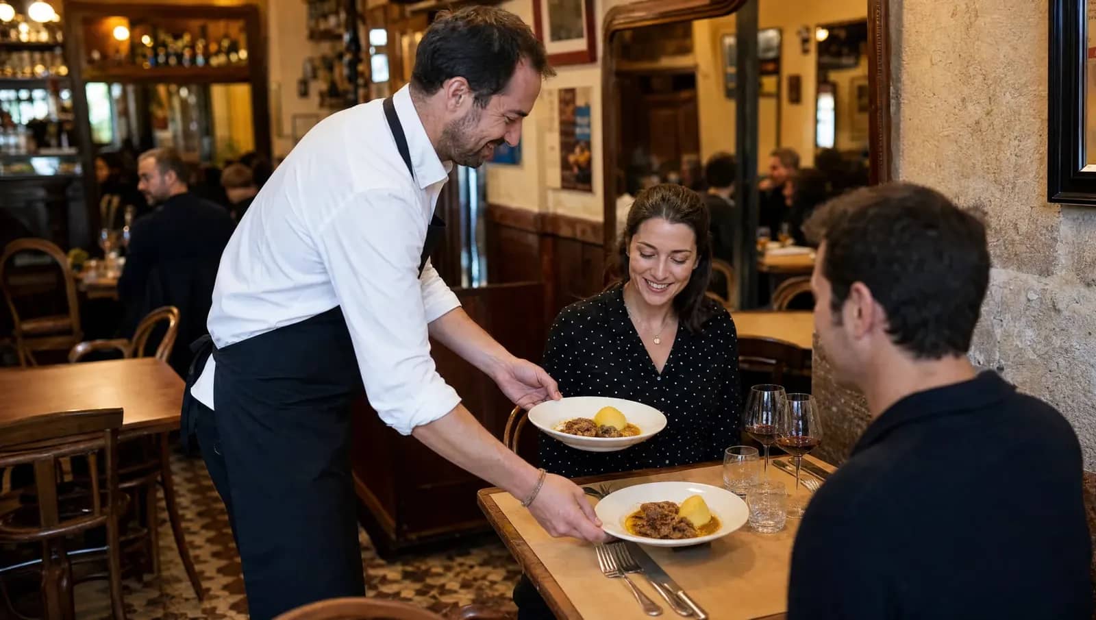Un serveur dépose deux assiettes identiques sur une table dressée pour deux dans un bouchon lyonnais.