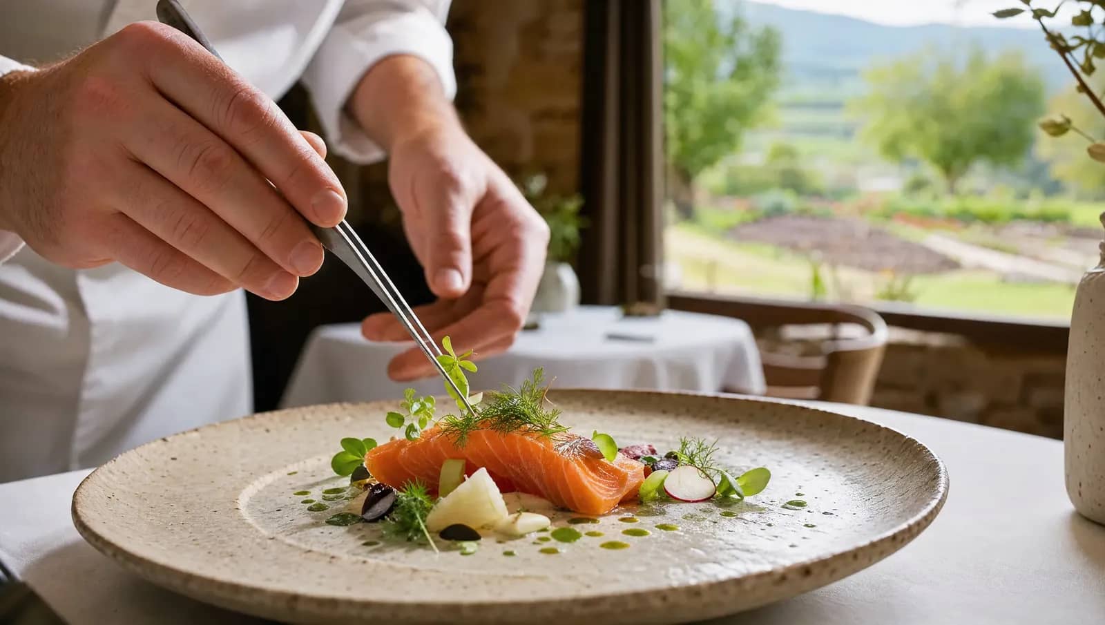 Cuisinier finissant à la pince un plat franco-japonais de truite marinée, potager visible par la fenêtre