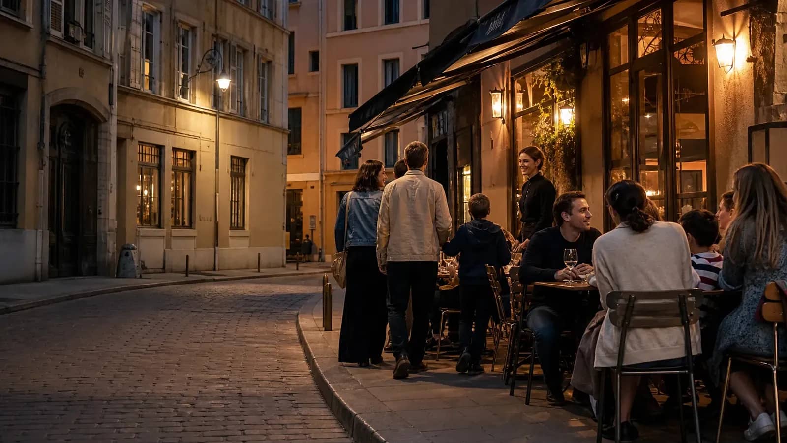 Terrasse d'un restaurant lyonnais ouverte le dimanche soir dans une rue de la Presqu'île