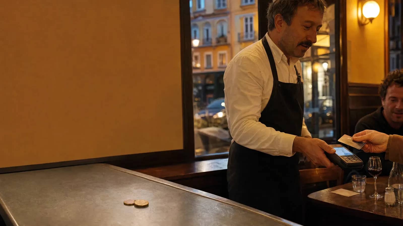 Un serveur encaisse un paiement par carte et son pourboire dans un bistrot lyonnais, pieces de monnaie sur le comptoir en zinc